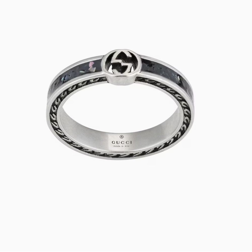 Gucci Interlocking Sterling Silver And Black Enamel Ring